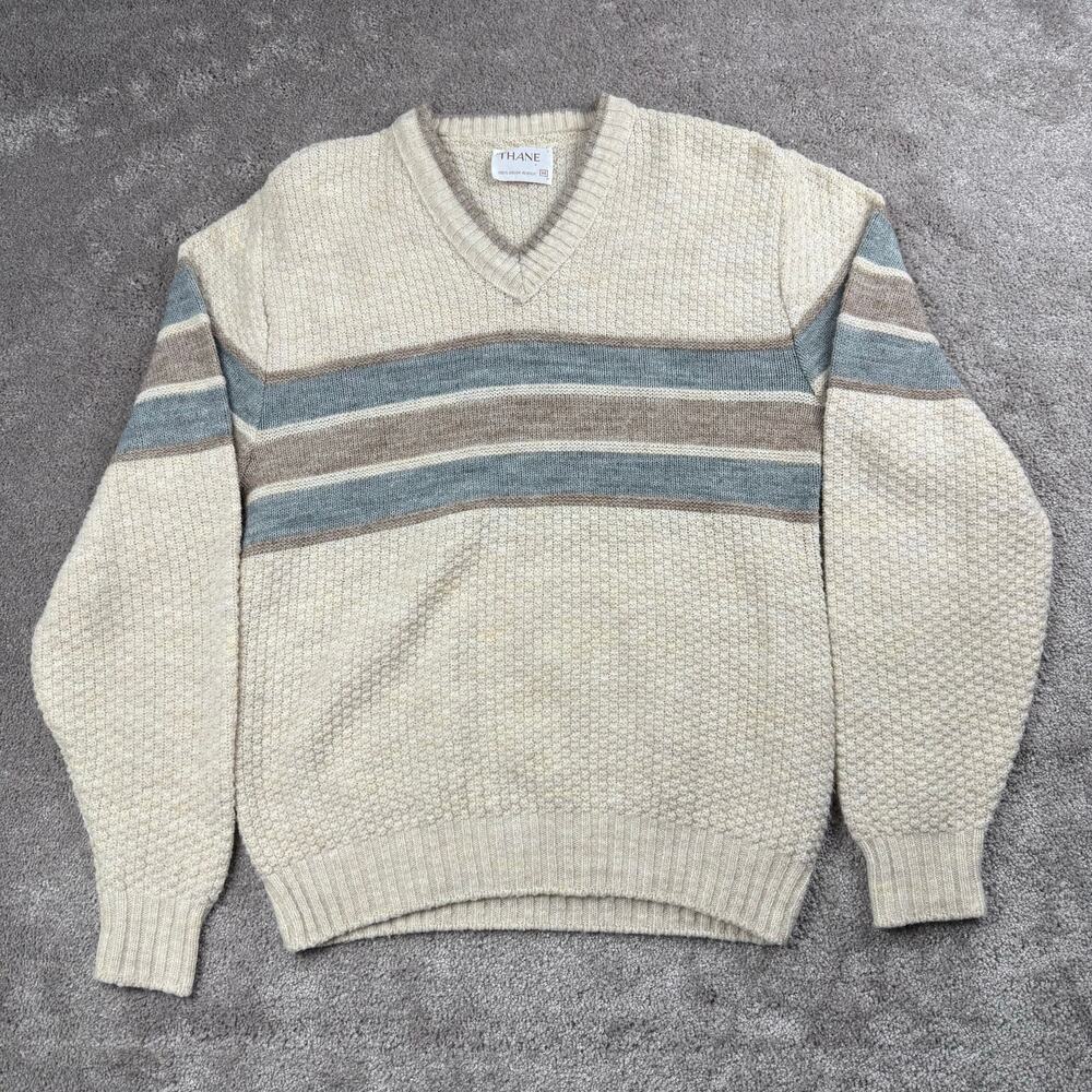 Vintage Thane Cream Striped V Neck Sweater Size M Grandpa Golf Preppy Heritage